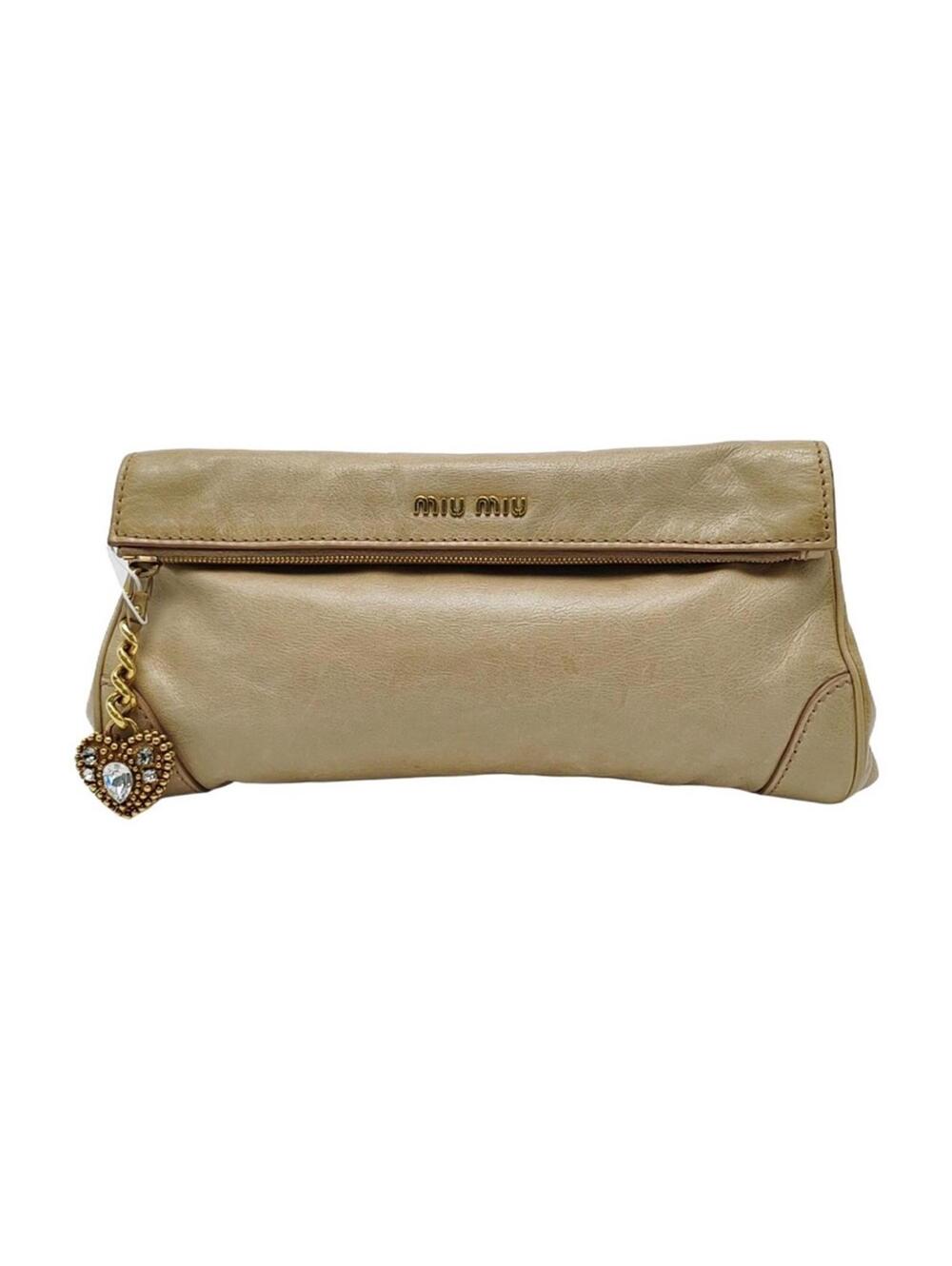 Miu Miu Beige Leather Clutch With Crystal Heart Charm